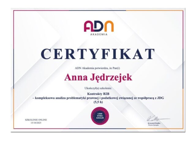 Certyfikat szkolenia Anna Jędrzejek - Kontrakty B2B