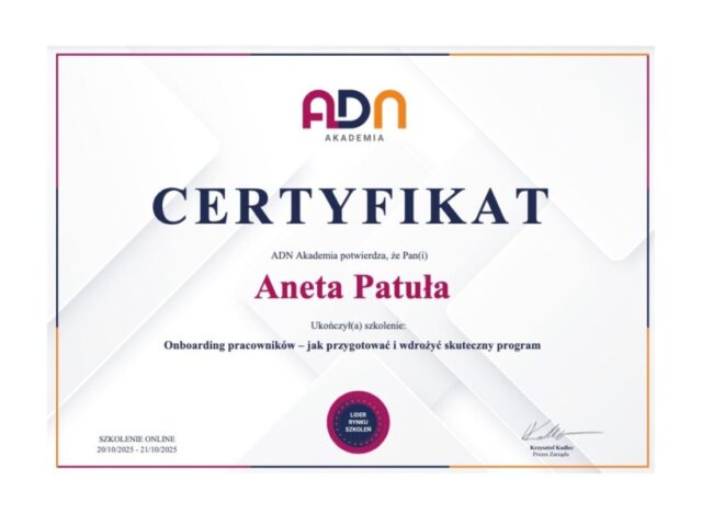 Certyfikat szkolenia Aneta Patuła - Onboarding pracowników