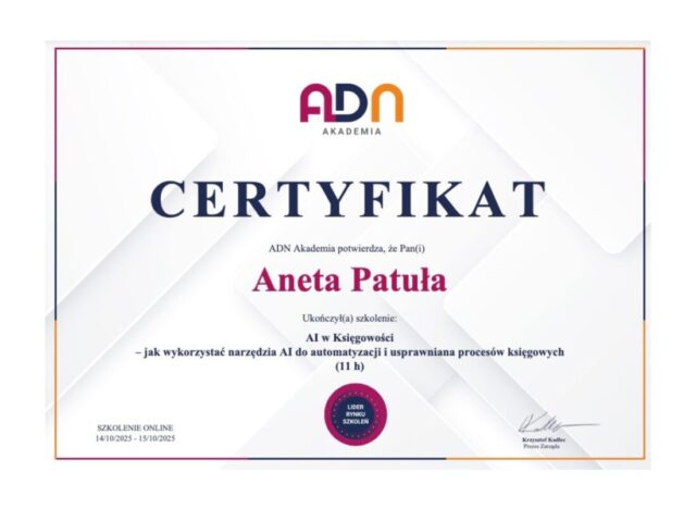Certyfikat szkolenia Aneta Patuła - AI w księgowości