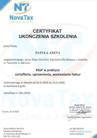 Certyfikat ukończenia szkolenia KSeF w praktyce Aneta Patuła