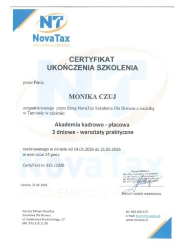Certyfikat ukończenia szkolenia Monika Czuj Akademia kadrowo-płacowa